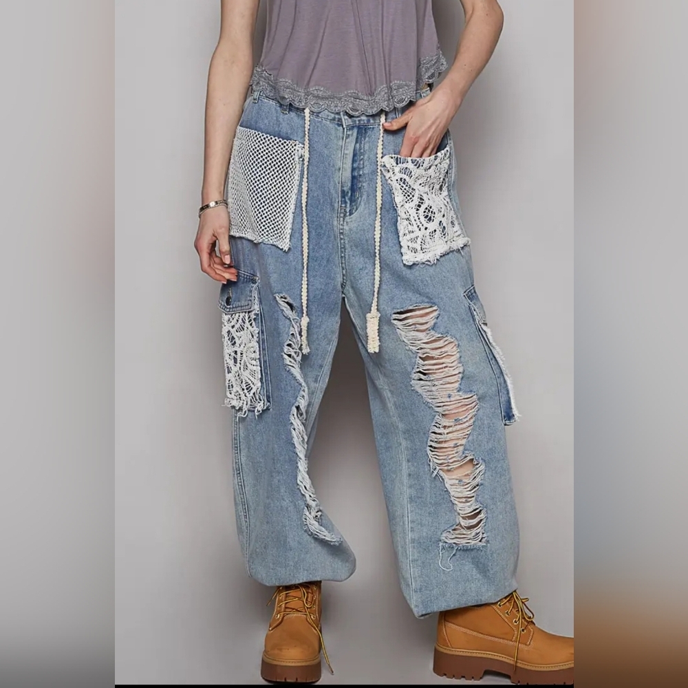 POL Blue Denim Jeans with Distressed Lace Design